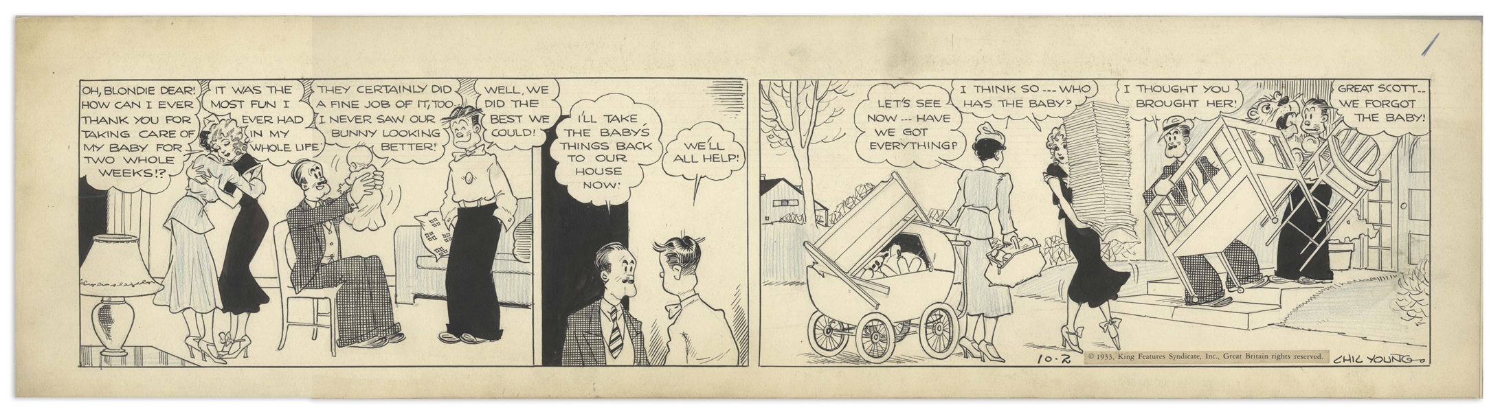 Chic Young Hand-Drawn ''Blondie'' Comic Strip From 1933 Titled ''Just a Minor Detail'' -- The Woodley's Have a Baby